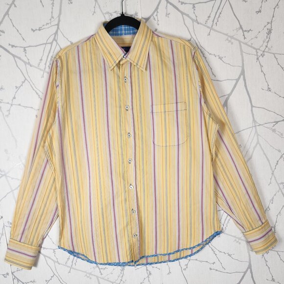 Georg Roth Yellow Stripe Cotton Blend Contrast Flip Cuff Shirt - Picture 1 of 6